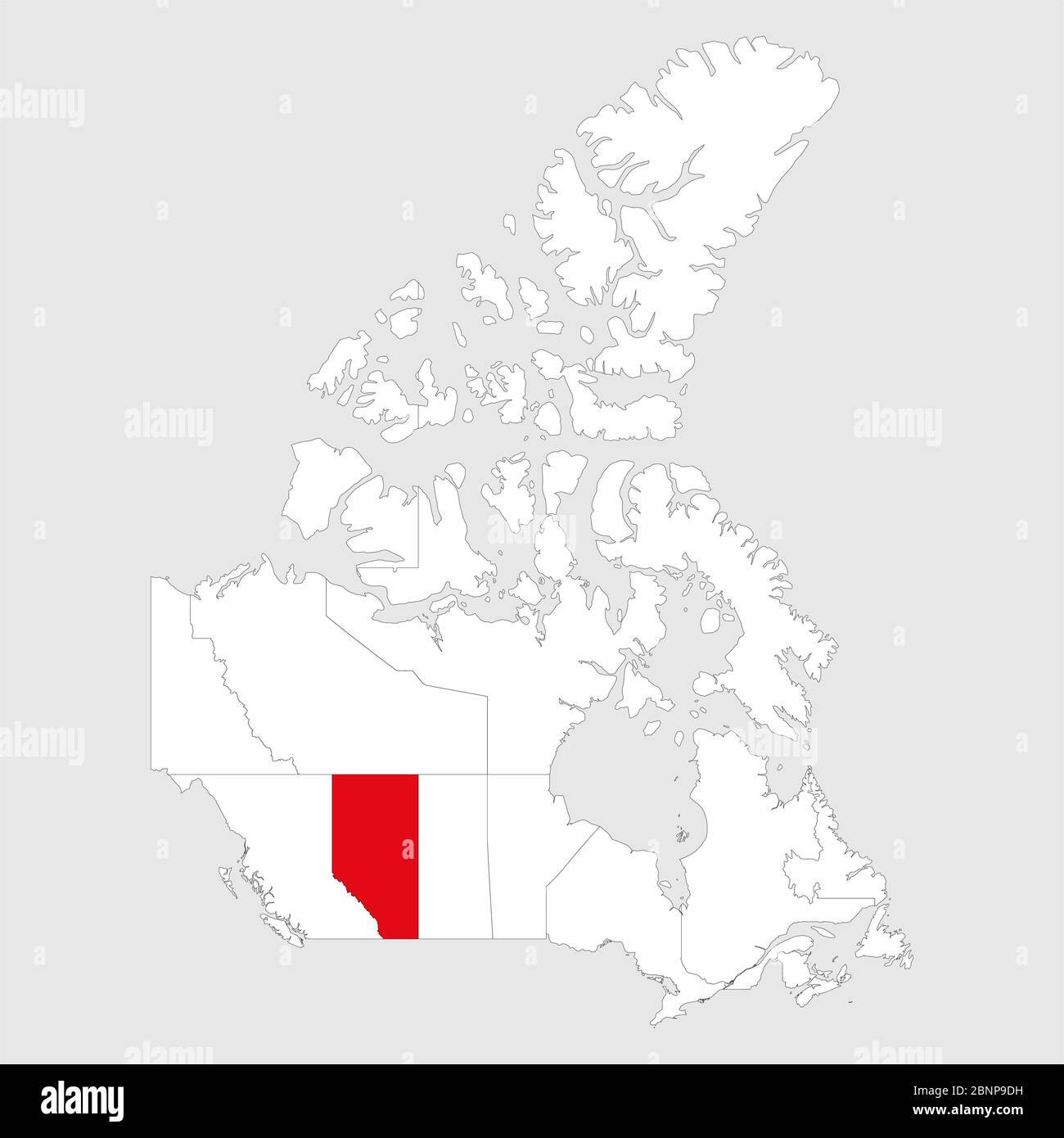 Alberta destacó en el mapa de canadá. Fondo gris. Mapa político canadiense. Ilustración del Vector