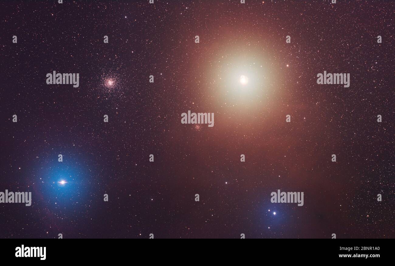 Cúmulo globular M4, cúmulo globular NGC 6144 y región de nebulosa IC 4606 alrededor de la estrella supergigante roja Antares en Scorpius Foto de stock