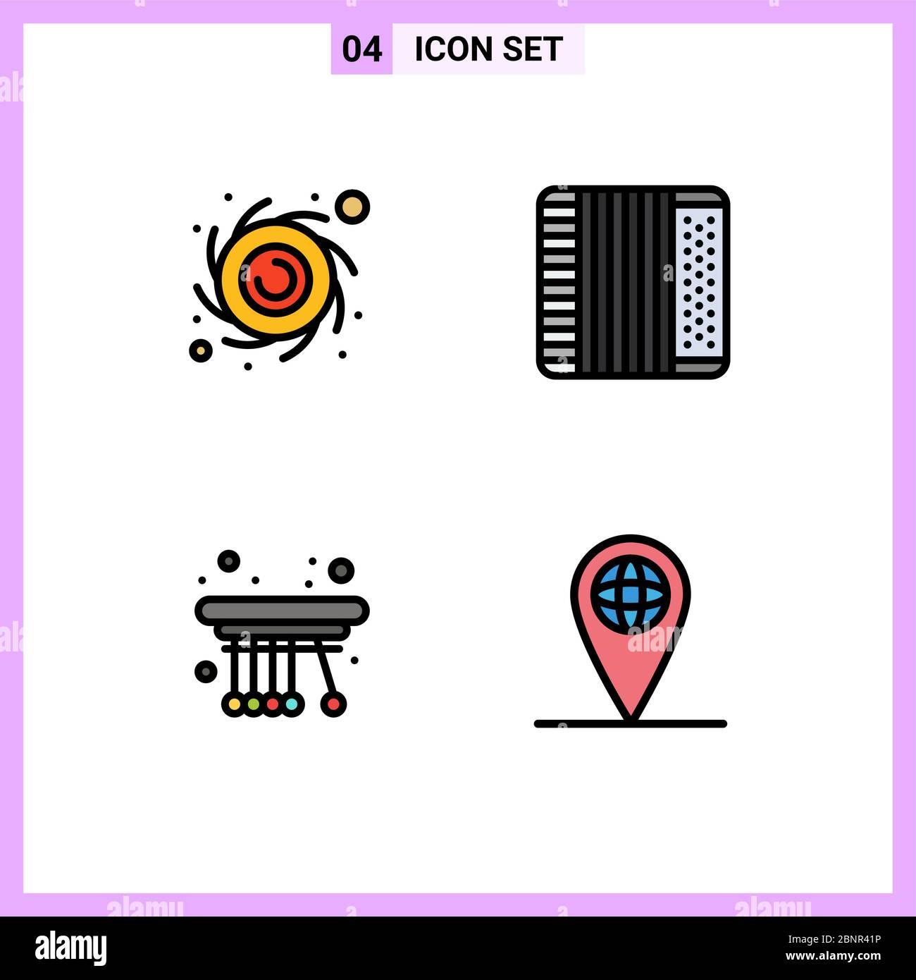 Filledline Flat Color Pack de 4 símbolos universales de astronomía, física, acordeón, música, geo elementos de diseño vectorial editables Ilustración del Vector