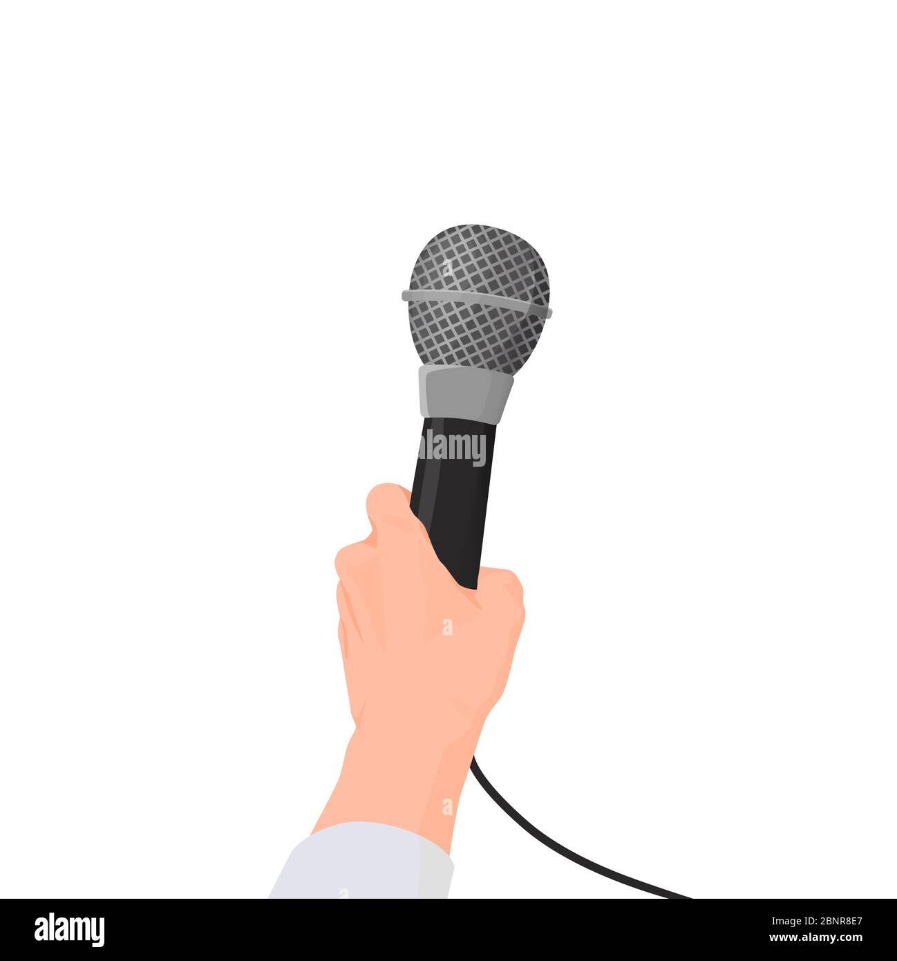 La mano sostiene el micrófono. Entrevista en primera persona con una  conferencia de prensa Imagen Vector de stock - Alamy