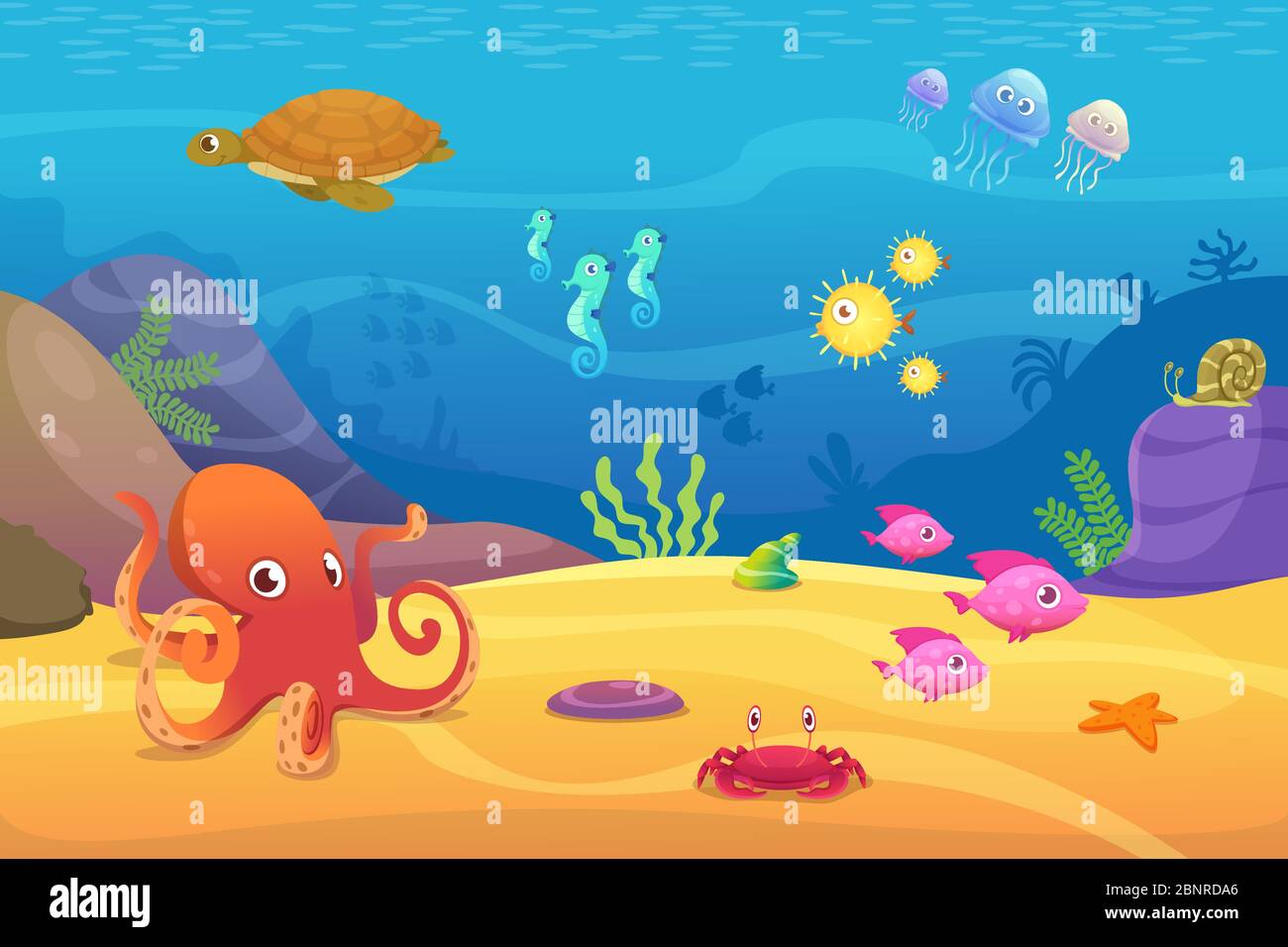 Vida submarina. Acuario de dibujos animados peces océano y animales marinos vector fondo Ilustración del Vector