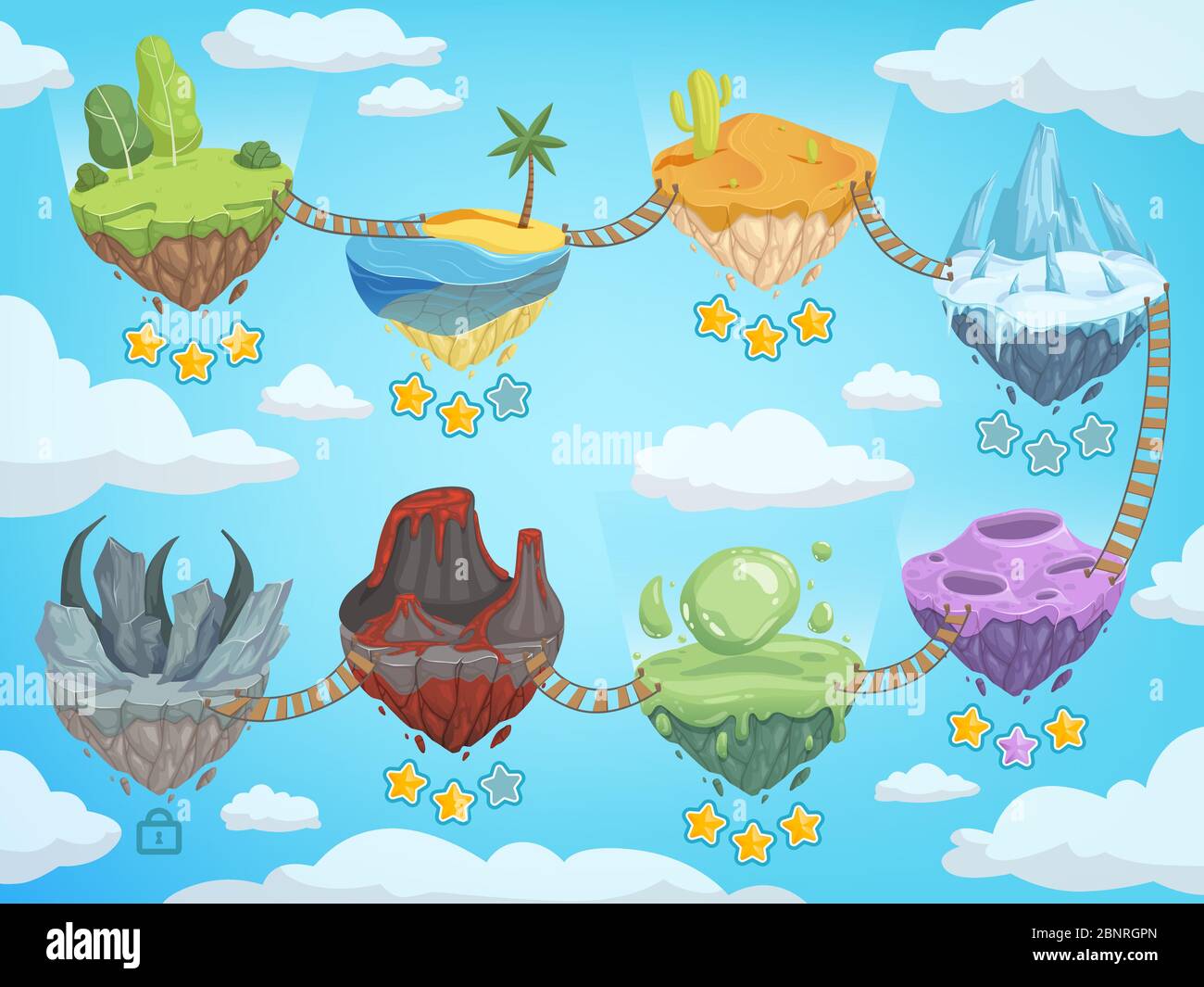 Mapa de nivel de juego. etapas móviles de ui con varias islas isométricas con agua de hielo de pasto roca y plantilla de vector de volcán Ilustración del Vector