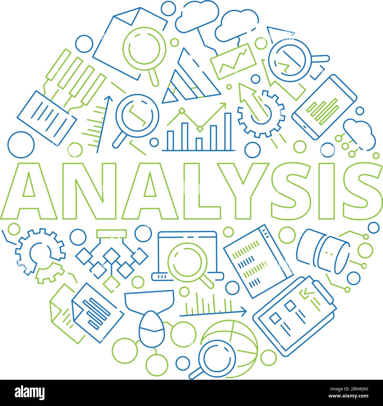 Concepto de gestión de datos. Símbolos de análisis de datos en forma de círculo estrategia de negocio gráficos vector thin icon colección Ilustración del Vector