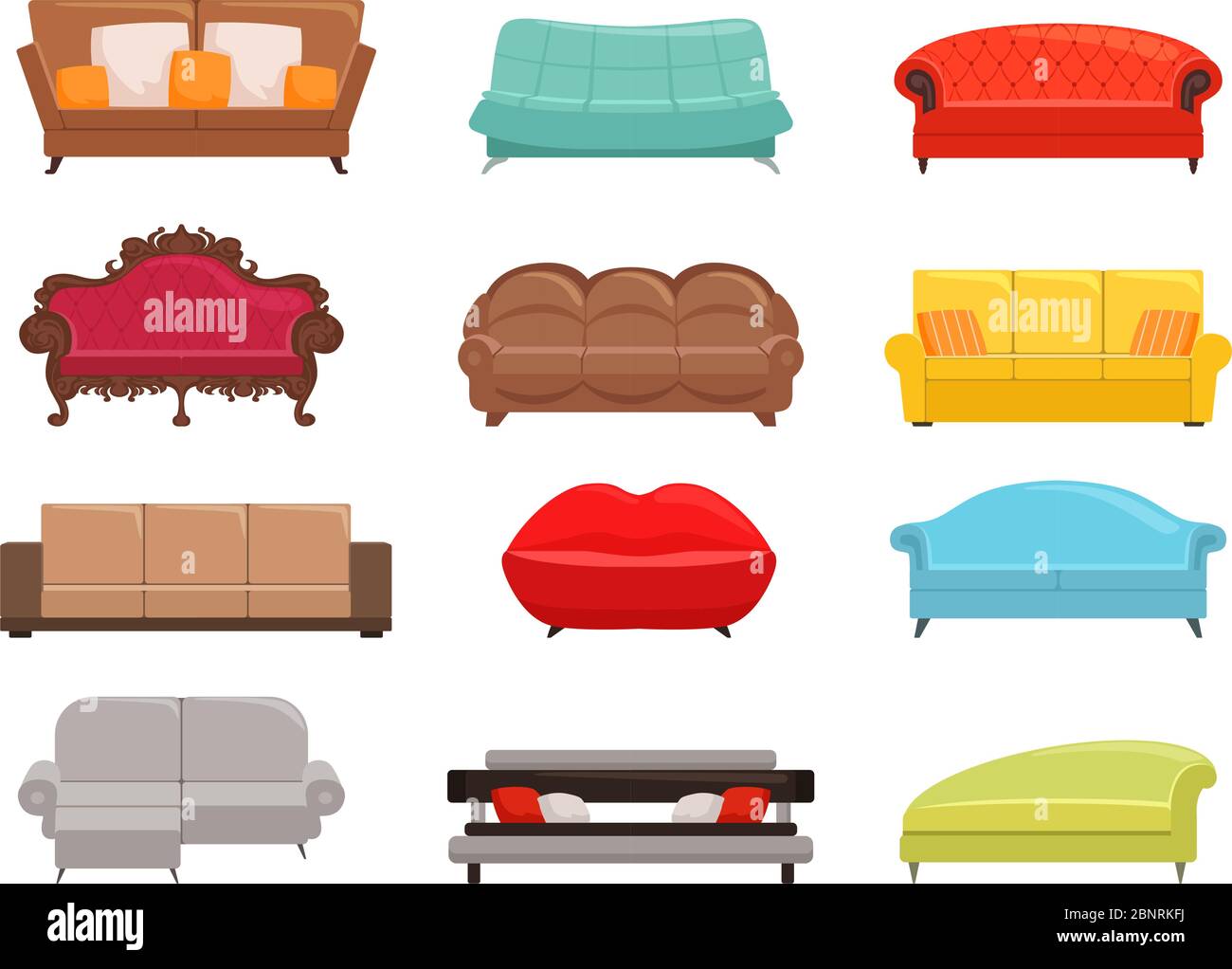 Colección de sofás. Cómodo sofá y sofá-cama, interior de moda sofás muebles, la casa moderna taps vector ilustración de colores Ilustración del Vector