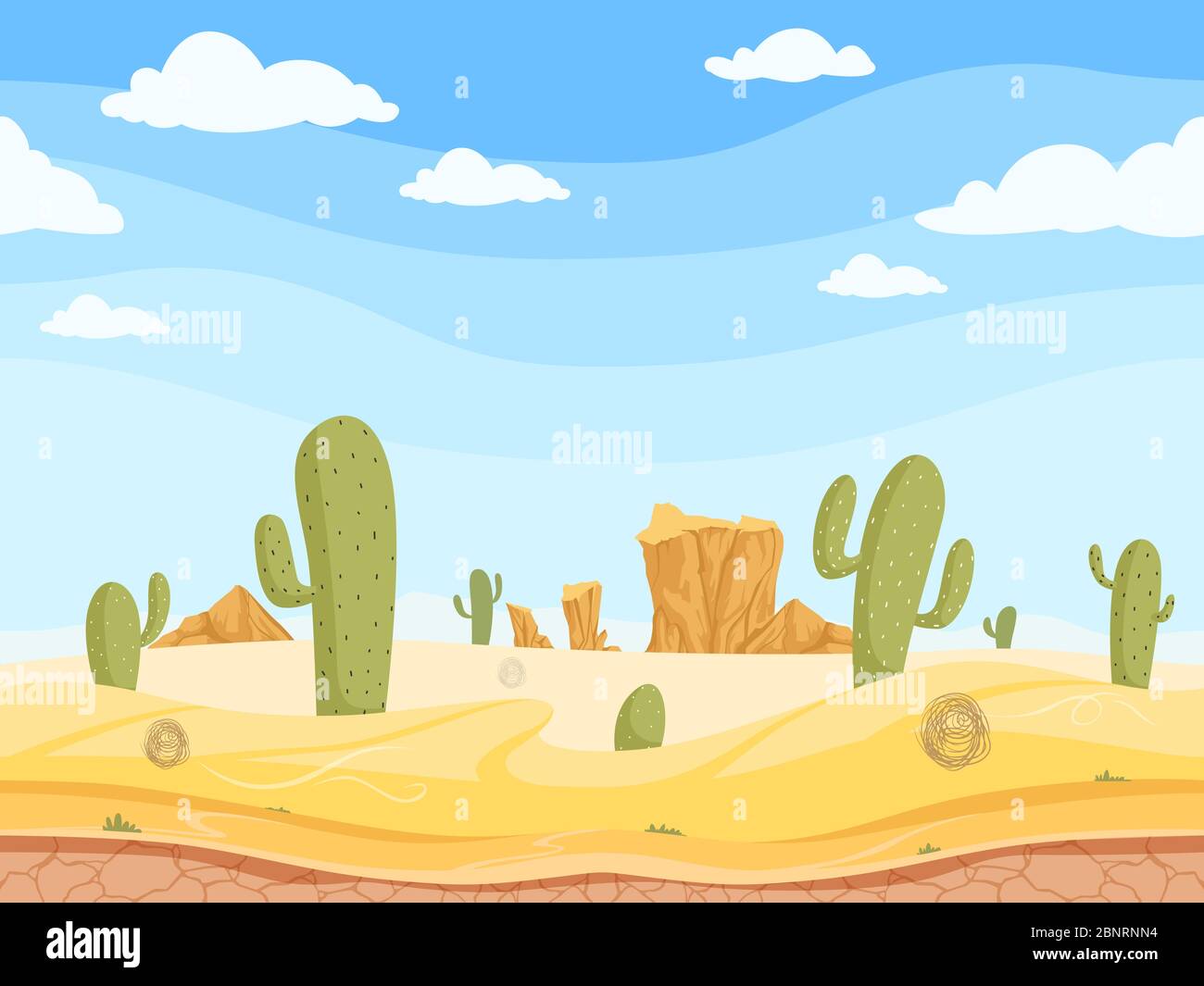 Desierto de fondo sin costuras. Salvaje oeste juego al aire libre oeste cañón paisaje con piedras roca arena cactuses vector dibujos animados Ilustración del Vector