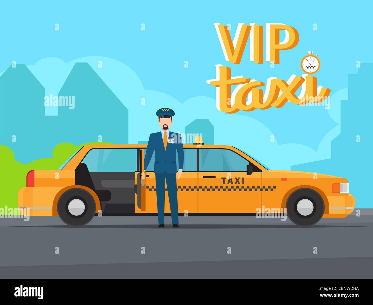 Servicio de taxi VIP con taxi amarillo, conductor en uniforme y puerta  abierta vector ilustración Imagen Vector de stock - Alamy