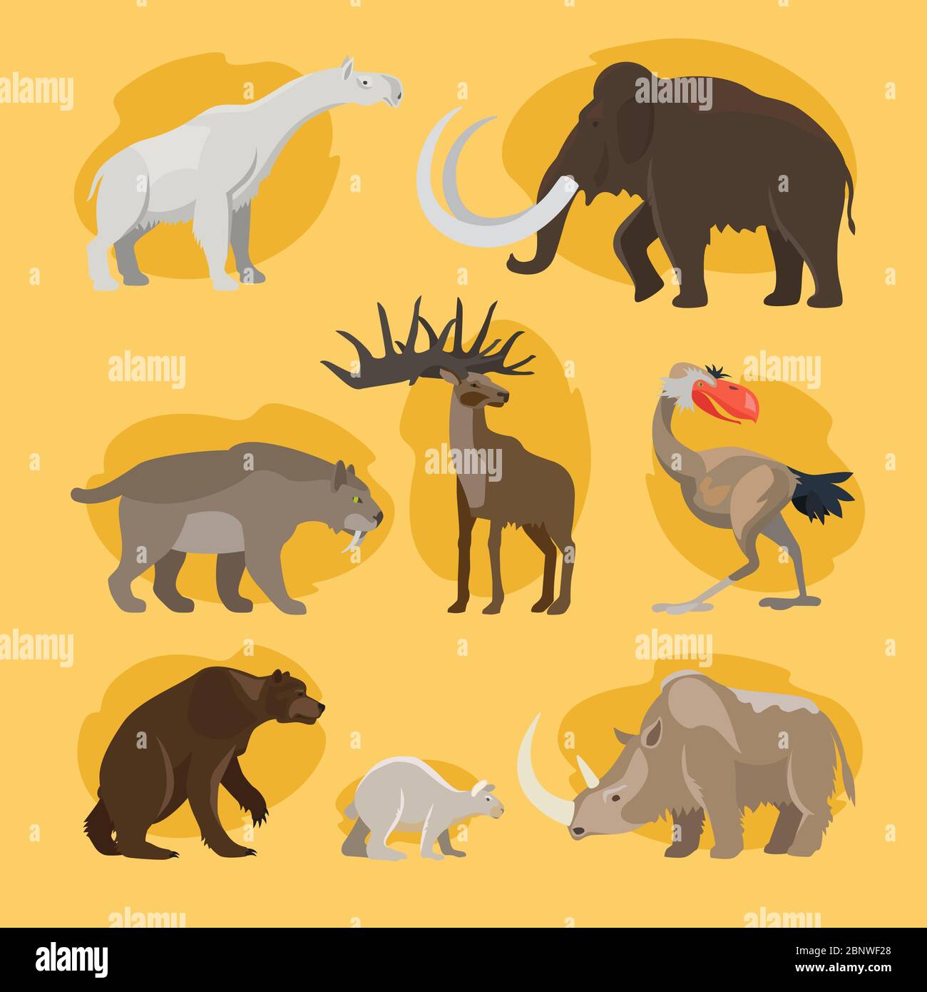 Animales prehistóricos. Vector dibujos animados antiguo mamífero hielo edad extinto animal conjunto como mamuts y león cueva Ilustración del Vector