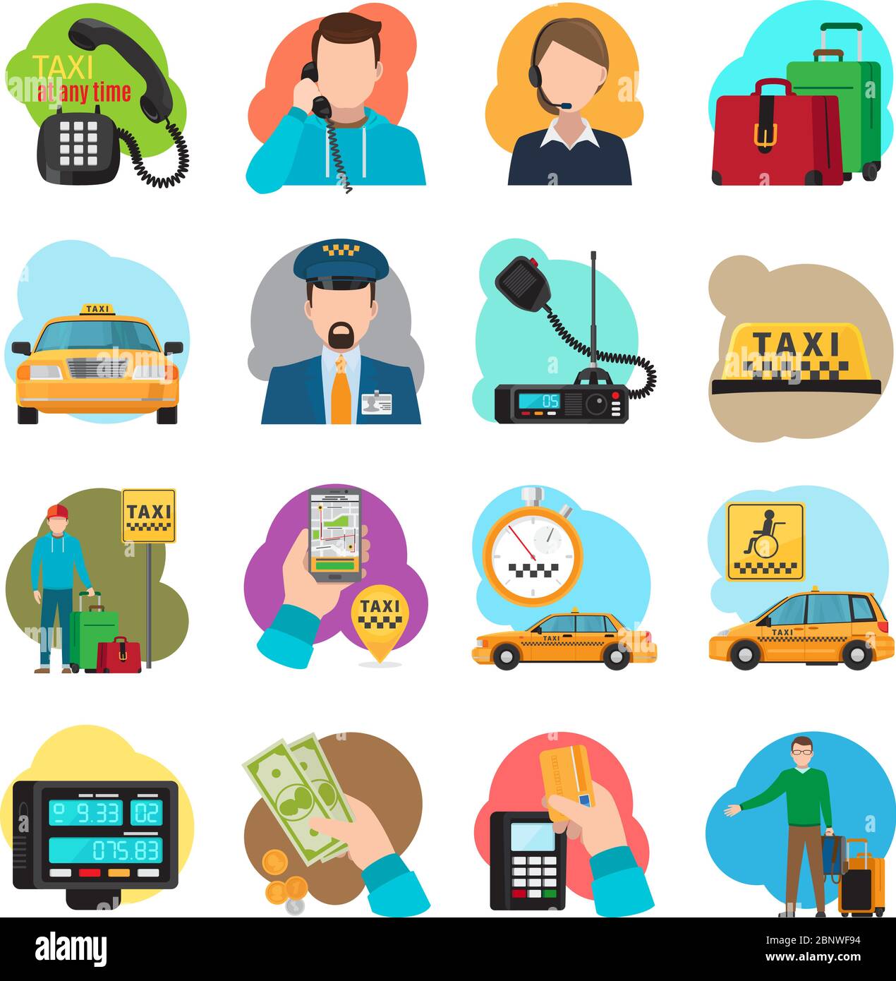 Iconos de dibujos animados de taxi. Taxi pasajero y conductor, taxi naranja  sedán y amarillo cabina vector ilustración Imagen Vector de stock - Alamy