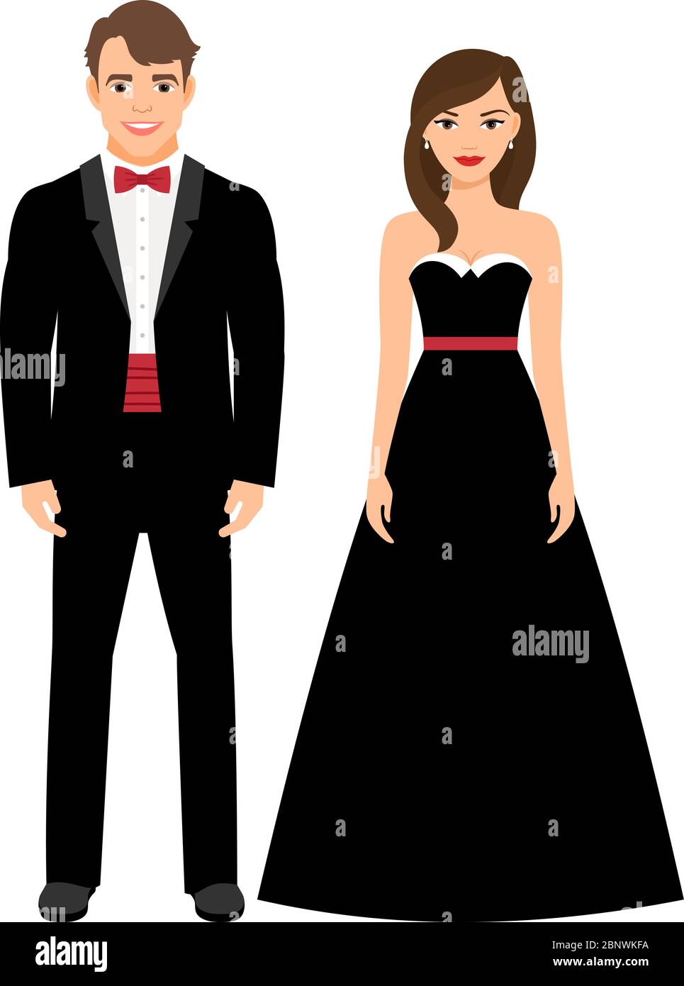 Pareja oficial de moda ropa de noche. Hombre en negro Tux y mujer en negro  vestido largo vector ilustración Imagen Vector de stock - Alamy