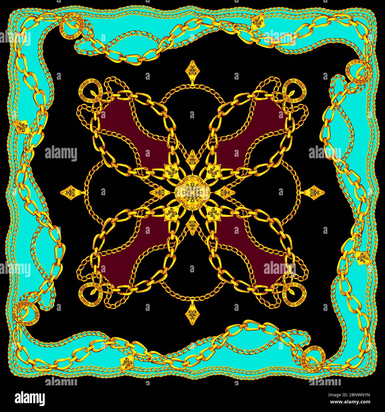 Bufanda de seda con cadenas doradas. Diseño de la sacudida de la joyería en  fondo negro. Lujo Barroco Dorado. Listo para impresiones textiles  Fotografía de stock - Alamy