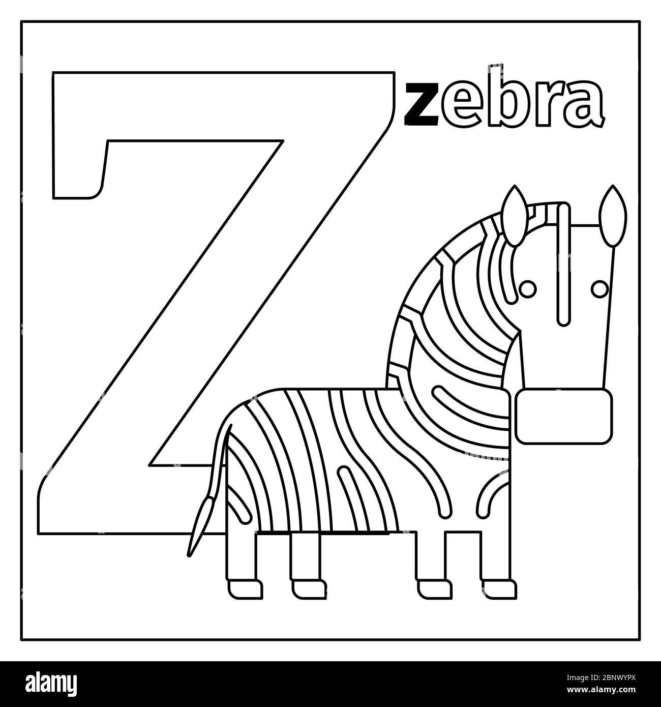 Página para colorear o tarjeta para niños con el alfabeto inglés de los animales del zoológico