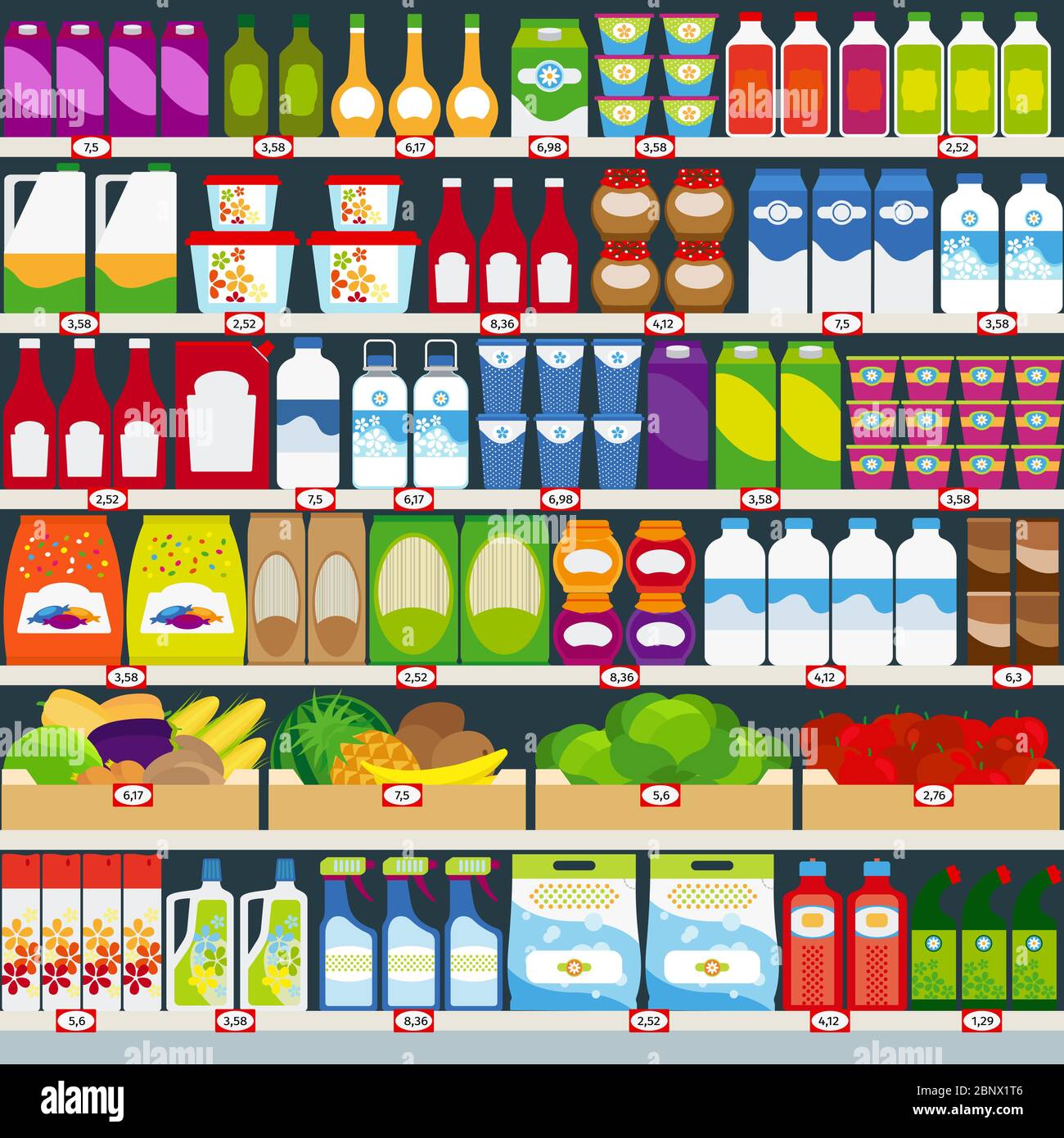 Vector vertical de fondo, tiendas de estantes llenos de comestibles. Ilustración vectorial Ilustración del Vector