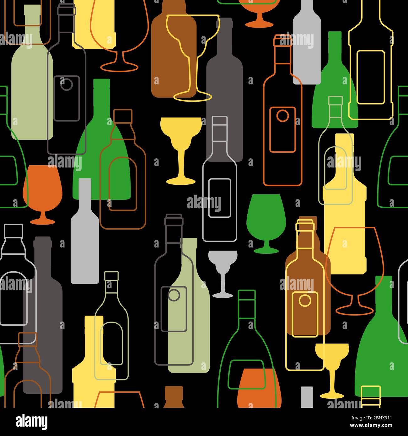 Barra de colores con botellas de alcohol siluetas y y contorno botella y vasos sobre fondo negro. Ilustración vectorial Imagen Vector de stock - Alamy Barra de colores con botellas de alcohol siluetas y y contorno botella y vasos sobre fondo negro. Ilustración vectorial Imagen Vector de stock - Alamy