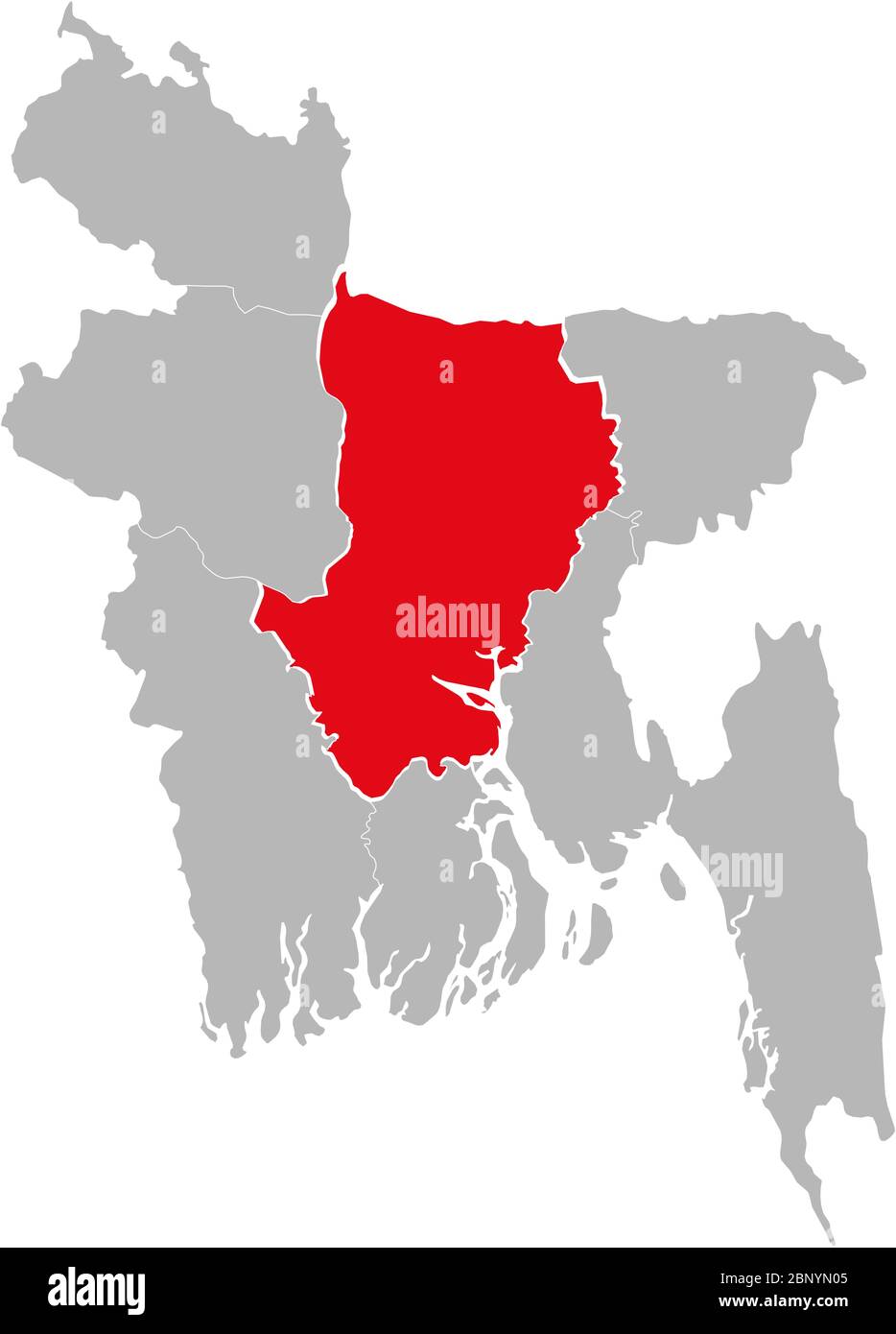 La provincia de Dhaka se destaca en el mapa de Bangladesh. Fondo gris