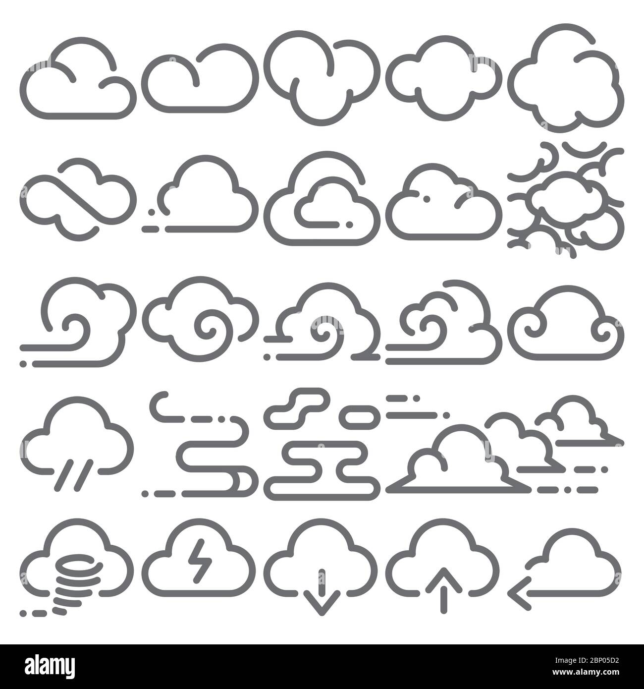 Conjunto de vectores de icono de nubes. Arte lineal con trazo editable. Ilustración del Vector
