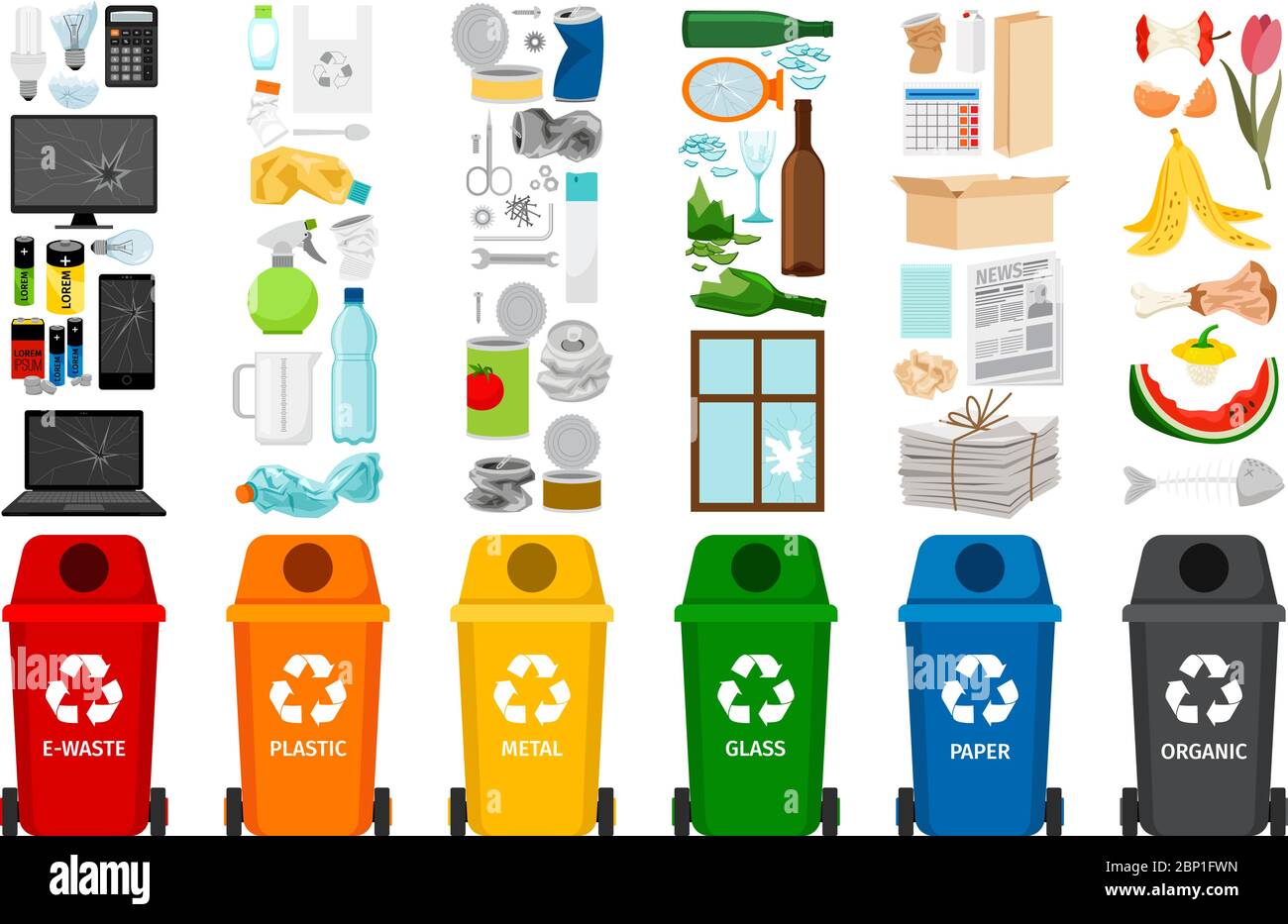 Contenedores de basura y tipos de basura, iconos de vectores de colores  Imagen Vector de stock - Alamy