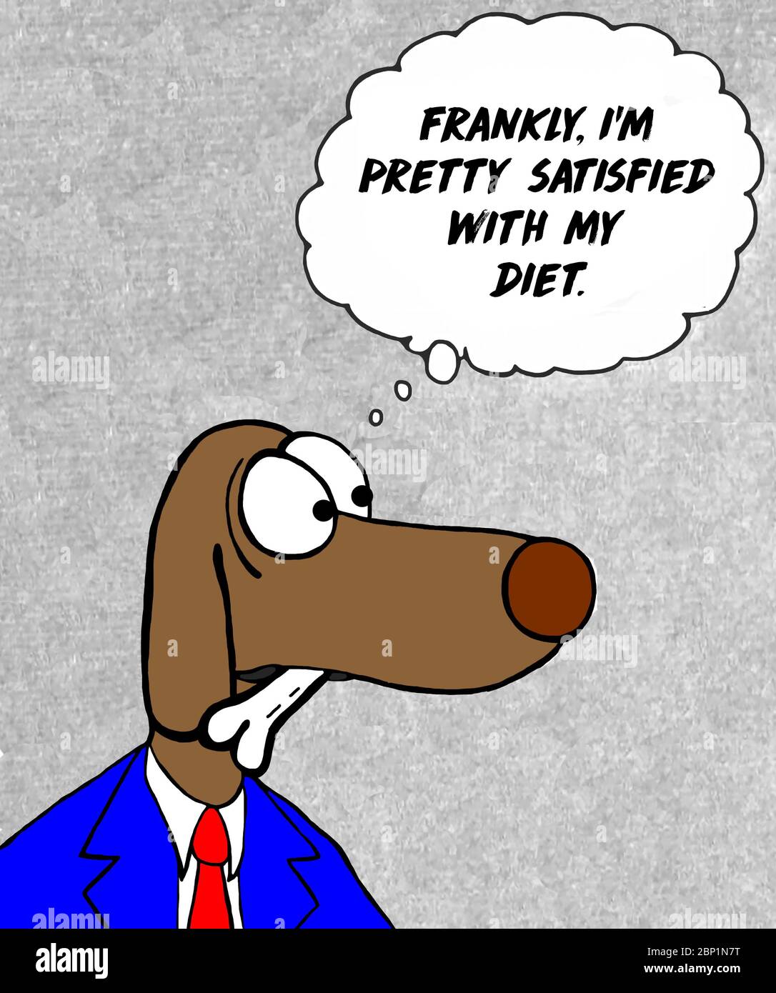 Dibujos animados de color de un perro hombre de negocios con un hueso en la boca pensando que está satisfecho con su dieta. Foto de stock