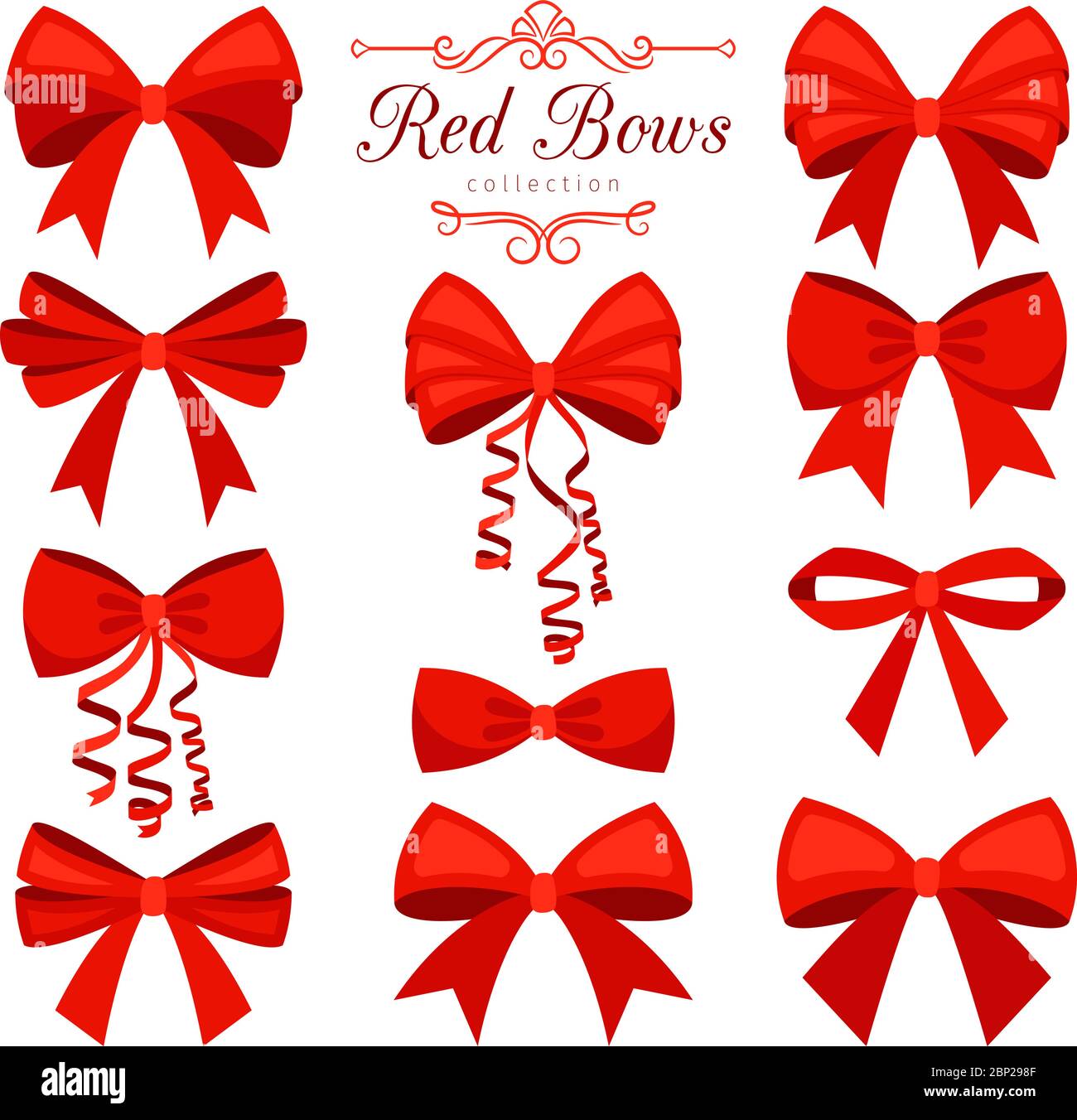 Juego de lazos rojos. Dibujos animados vector rojo cintas lazos satinados  arcos para regalos de Navidad, tarjetas de regalo y paquete de lujo  envuelta aislado sobre fondo blanco, ilustración vectorial Imagen Vector