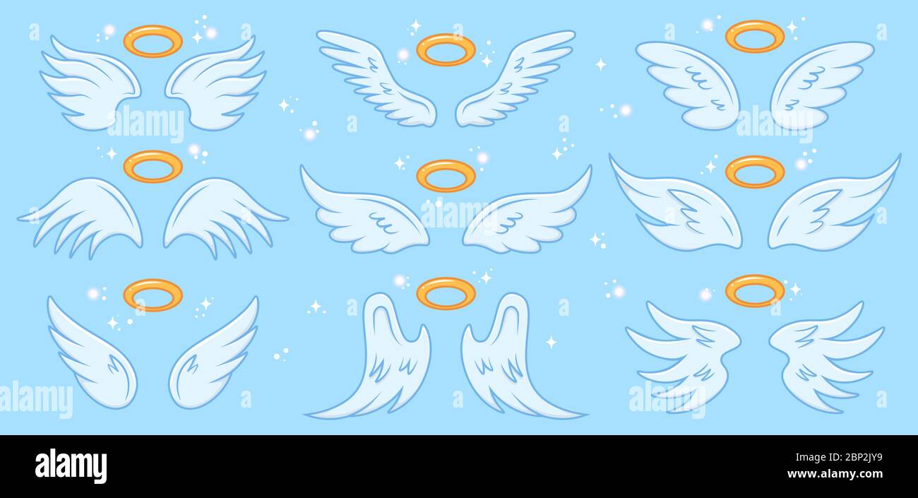 Alas de ángel. Dibujos ángeles ala y nimbus, ángel alado signo santo, cielo  elegante ángel alas vector ilustración iconos conjunto Imagen Vector de  stock - Alamy