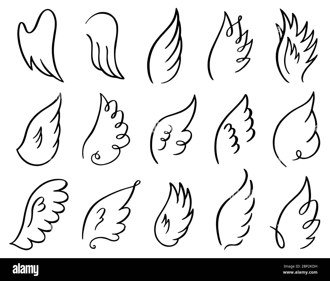 Alas dibujadas a mano. Dibujo de fideos ángel vuelo pluma, ángeles o  pájaros elegantes alas propagación, alas de alas de ángel alado elementos  vector ilustración iconos conjunto Imagen Vector de stock -