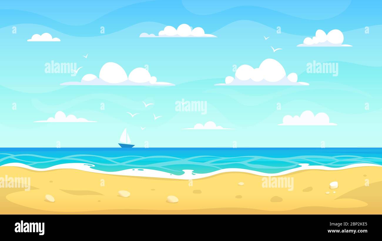 Paisaje de playa de dibujos animados. Verano mar arena costa, vacaciones  vista tropical, mar naturaleza paraíso paisaje vector fondo ilustración  Imagen Vector de stock - Alamy