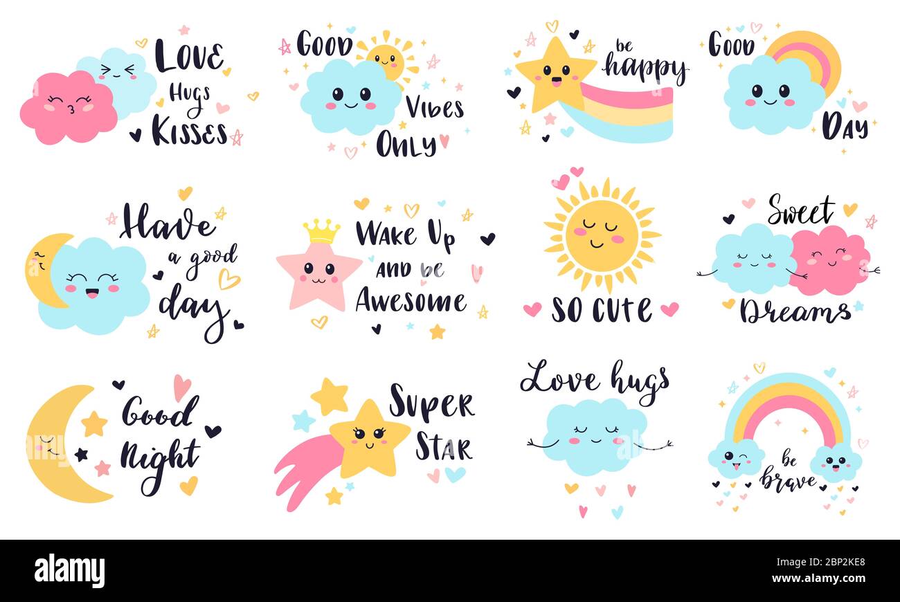 https www alamy es etiquetas para bebes lindos ninos sol nubes y arco iris pegatinas decorativas bebes lindo tiempo sonriente personajes vector ilustracion simbolos conjunto image357788992 html