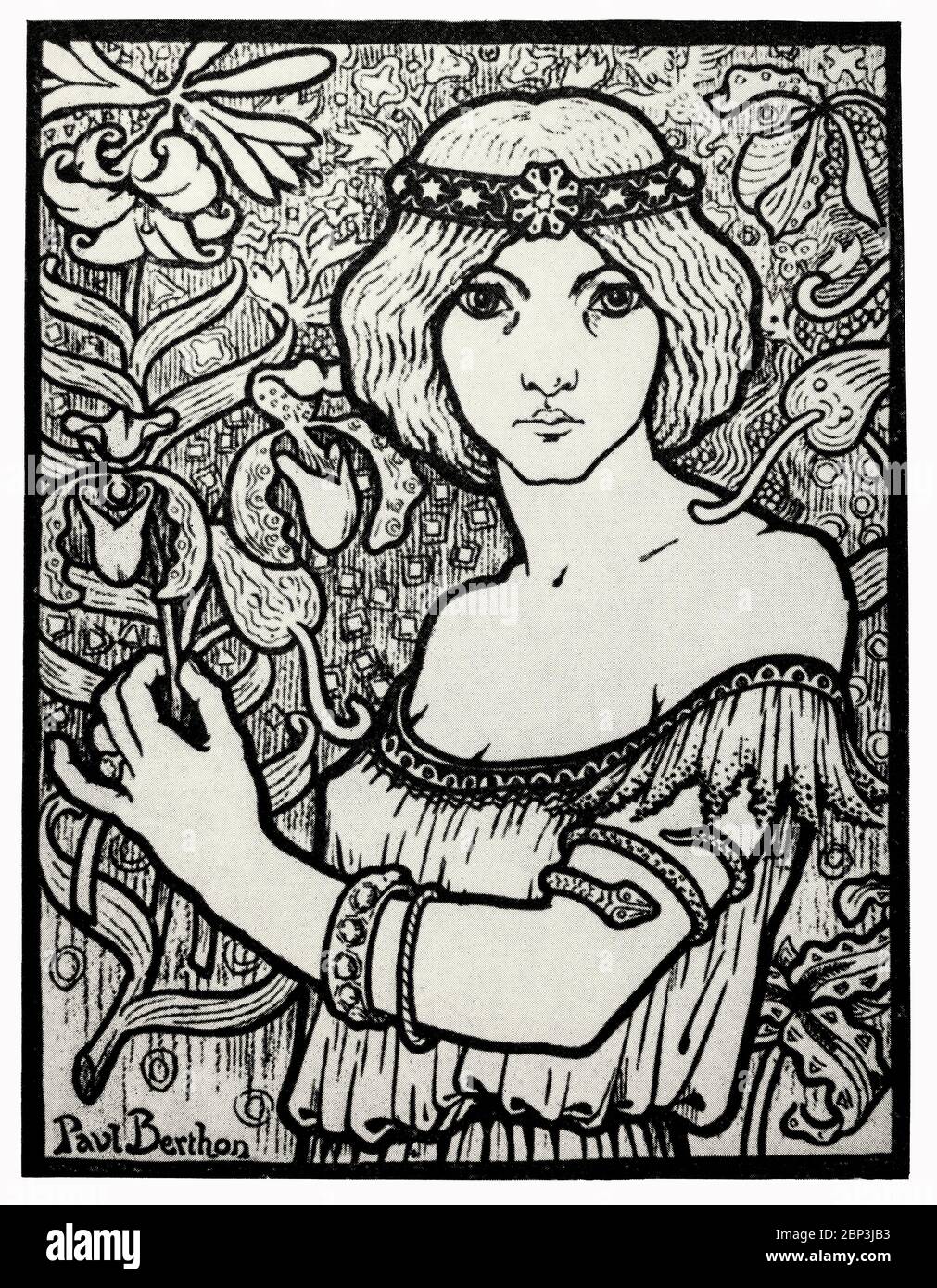 Un cartel para el 'Salon des Cent' de Paul Berthon (1872-1934), un artista francés que produjo principalmente carteles y litografías. Su obra es de estilo Art Nouveau, muy similar a su contemporáneo Alphonse Mucha. El estudio de Berthon sobre las artes decorativas influyó en su impresión, influyendo en las líneas fuertes y los detalles naturales que guiaron su arte. La gran mayoría de los carteles litografiados de Berthon no incluían anuncios y estaban destinados a ponerse de pie por sí mismos. Foto de stock