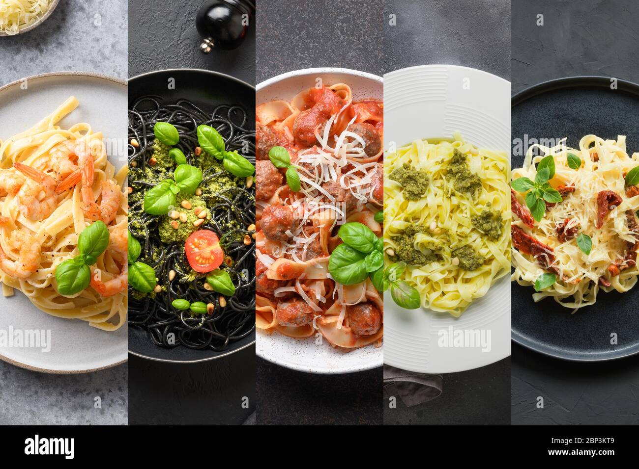 Collage de fotos de pasta italiana espaguetis con diferentes salsas