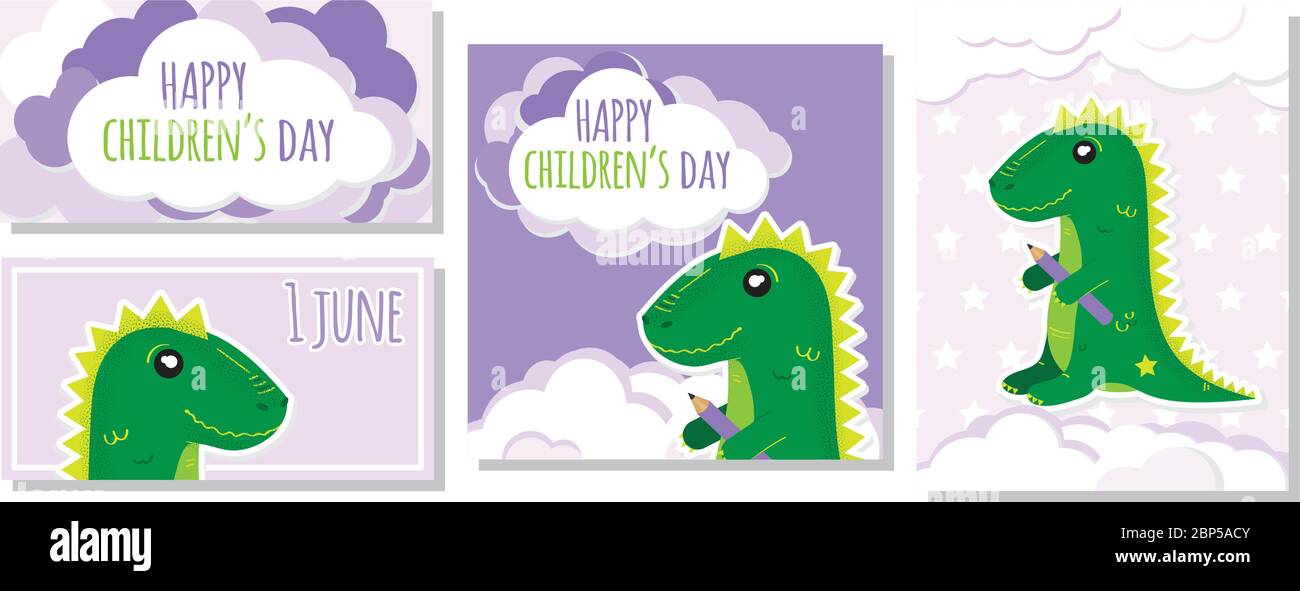 Conjunto de cuatro imágenes con lindo dino. Tarjeta postal para el feliz día Internacional del Niño. Ilustración vectorial. EPS 10. Ilustración del Vector