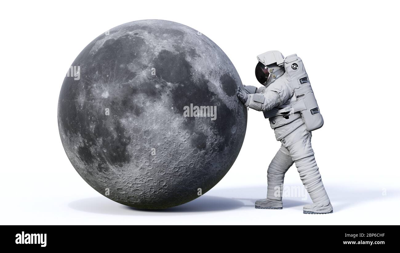 Astronauta y la Luna, mundo del sistema solar Foto de stock