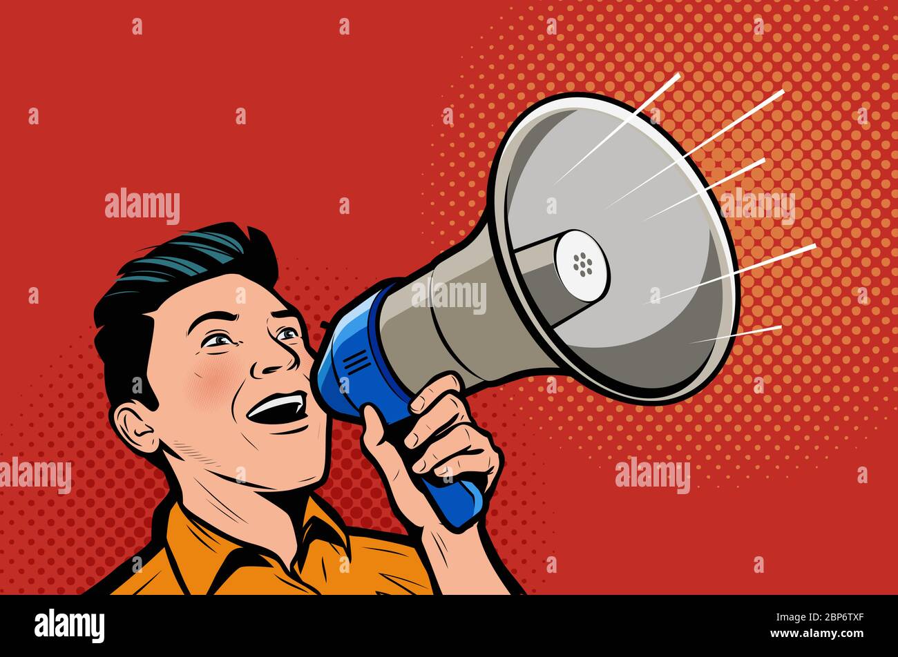 Hombre hablando en megáfono. Ilustración vectorial de arte pop cómico retro Ilustración del Vector