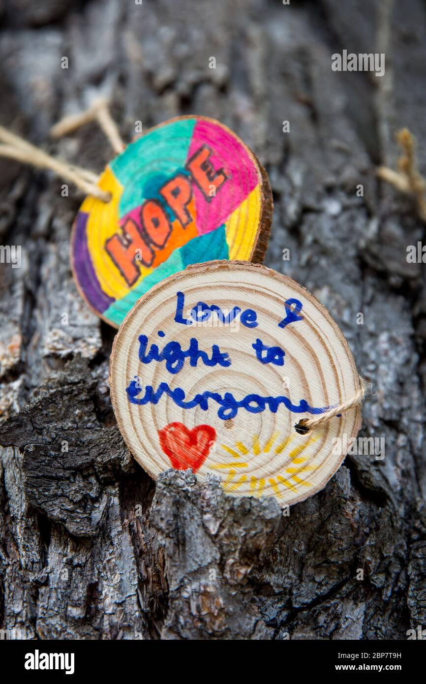 El domingo 17 de mayo de 2020 descubrí este árbol de positividad lleno de mensajes de esperanza, amor y apoyo durante este difícil tiempo. Foto de stock