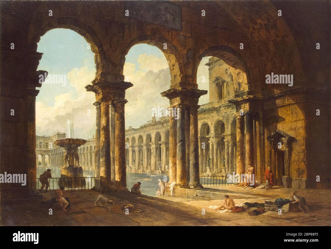 Hubert Robert, Ruinas antiguas utilizadas como Baños públicos, pintura, 1798 Foto de stock