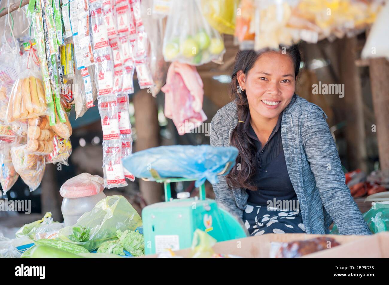 Retrato de una mujer camboyana en su tienda, provincia de Kampong Cham, Camboya, sudeste asiático Foto de stock