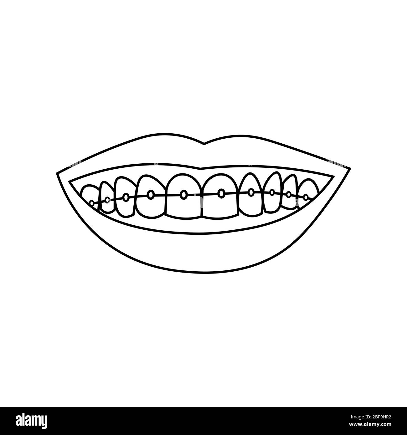 Labios sonrientes con dientes y llaves. Contorno negro sobre fondo blanco. La ilustración vectorial puede usarse en tarjetas de felicitación, carteles, volantes, banners, promociones, invitaciones, etc. EPS10 Ilustración del Vector