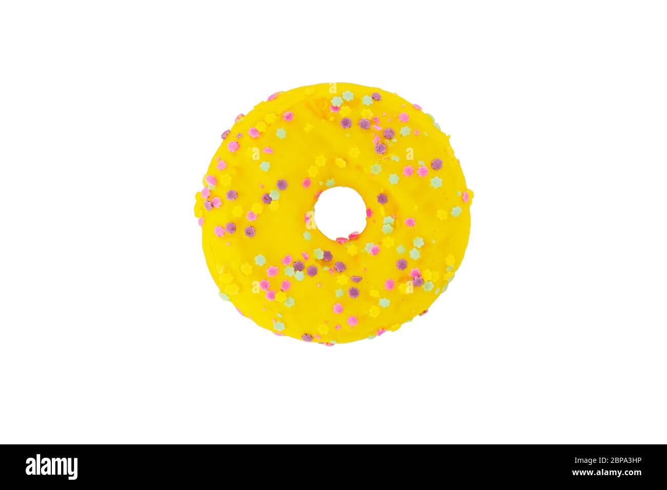 Yummy donut amarillo aislado sobre fondo blanco. Foto de stock