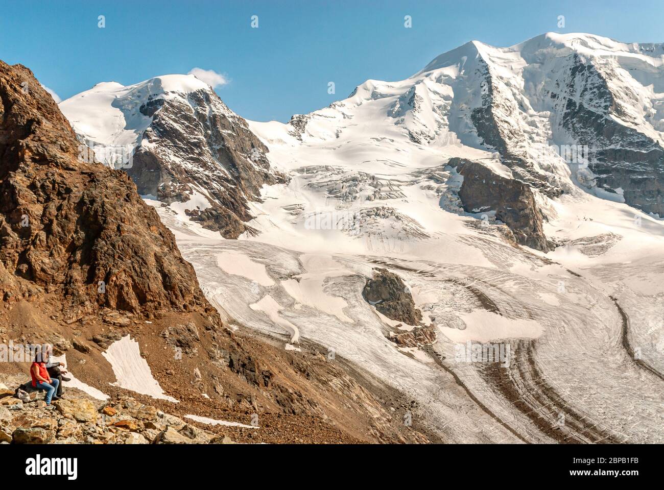 Glaciar pers visto desde la estación de montaña Diavolezza, Pontresina Foto de stock