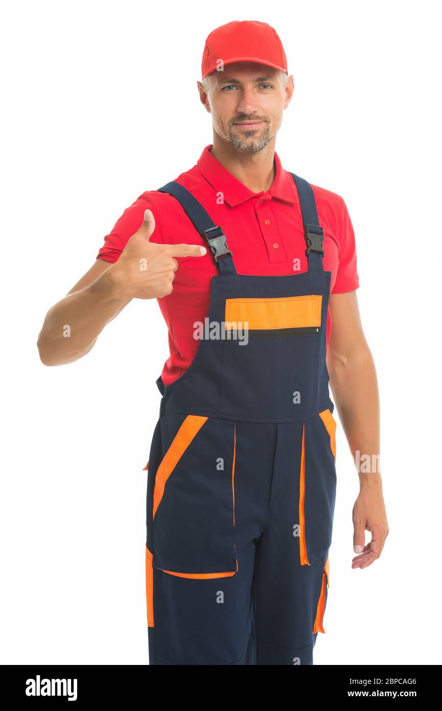 arquitectura profesional apuntando con el dedo. Arquitecto experto  reparación y reparación. Trabajador en overoles. Hombre trabajo en  boilersuit. Mecánico listo para la jornada de trabajo. Trabajador de  mantenimiento. Realizar reparaciones Fotografía de