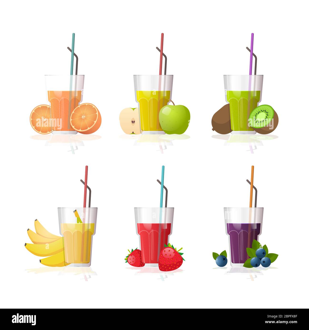 set vasos de jugo fresco con paja y la recolección de frutas en rodajas  aisladas sobre fondo blanco vector ilustración Imagen Vector de stock -  Alamy