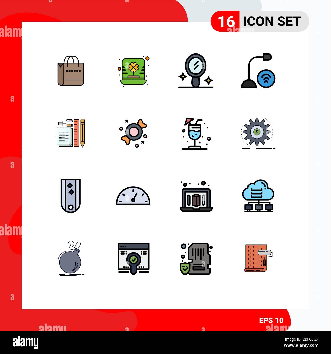 Conjunto de pictogramas de 16 líneas de color plano simple relleno de