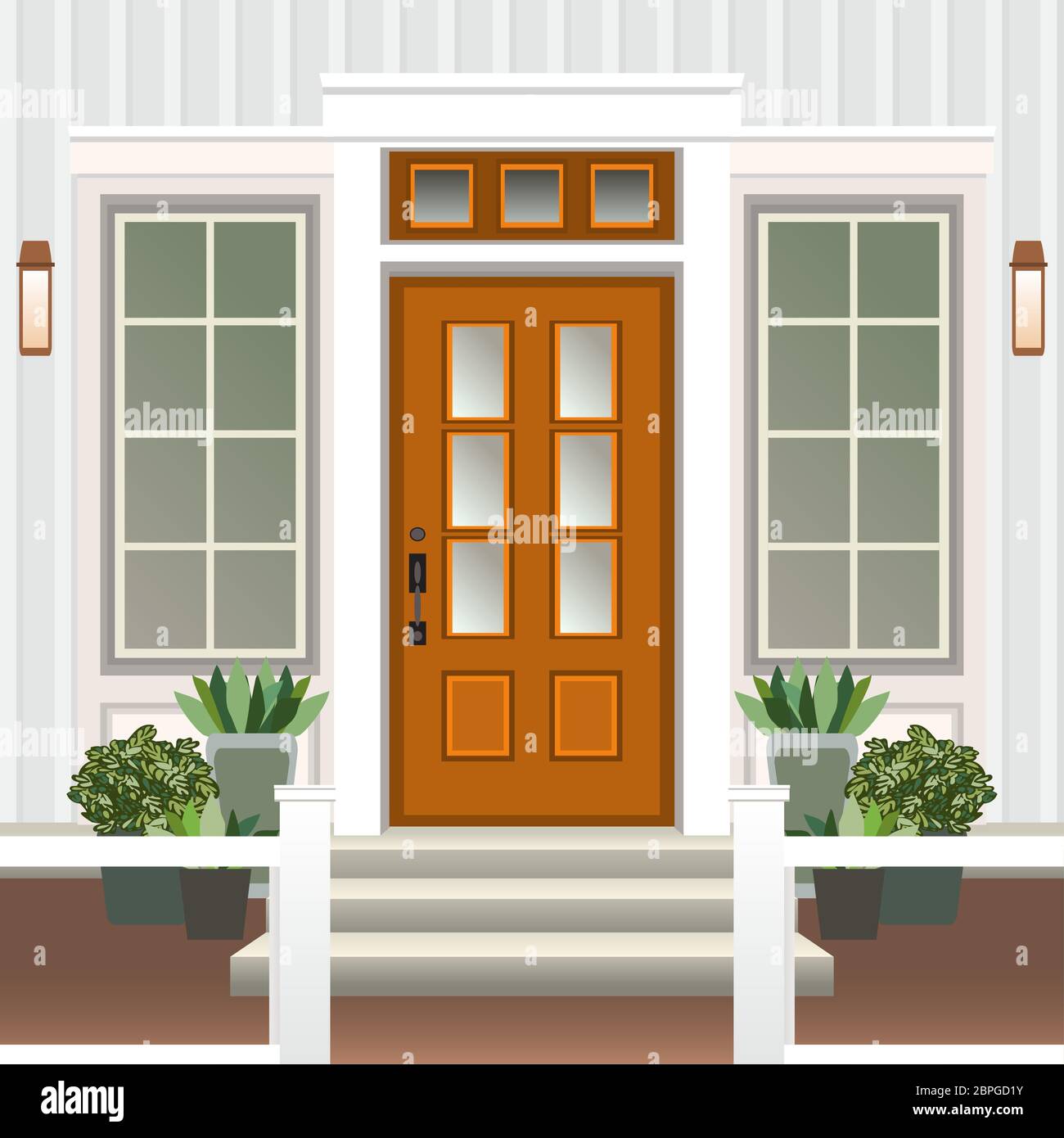 La puerta delantera de la casa con puerta y ventana de porche, pasos,  lámpara, flores en maceta, la construcción de la fachada de entrada,  entrada exterior plana diseño ilustración vectorial Fotografía de