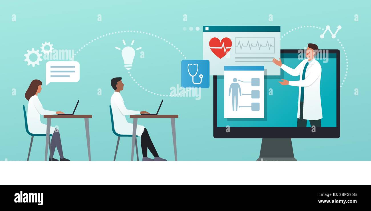 Seminario web médico en línea y cursos de medicina: Enseñanza de médicos a estudiantes académicos en la clase virtual Ilustración del Vector