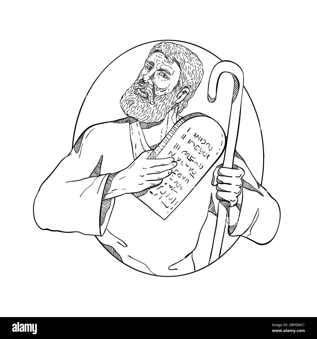 Dibujo Dibujo Ilustración estilo de Moisés, un profeta de la religiones  abrahámicas sosteniendo los Diez Mandamientos tablet y su personal dentro  de óvalo en Fotografía de stock - Alamy