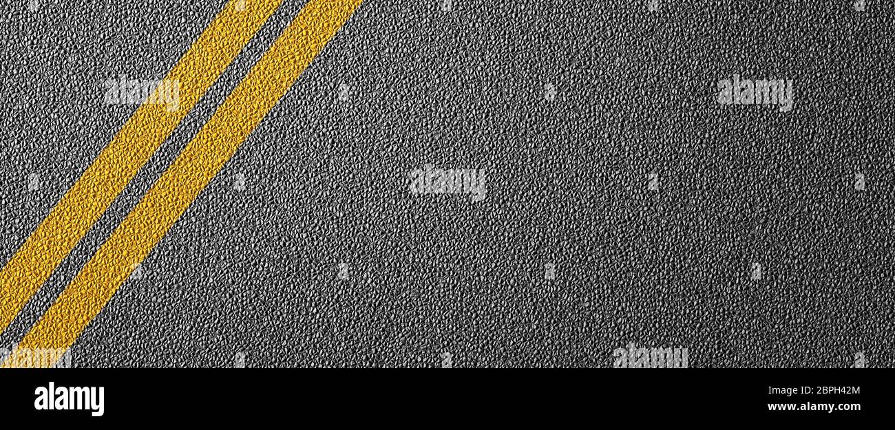 3D Ilustración de una división de carreteras con líneas amarillas patrón y fondo, texturizada reglas de tráfico concepto Foto de stock