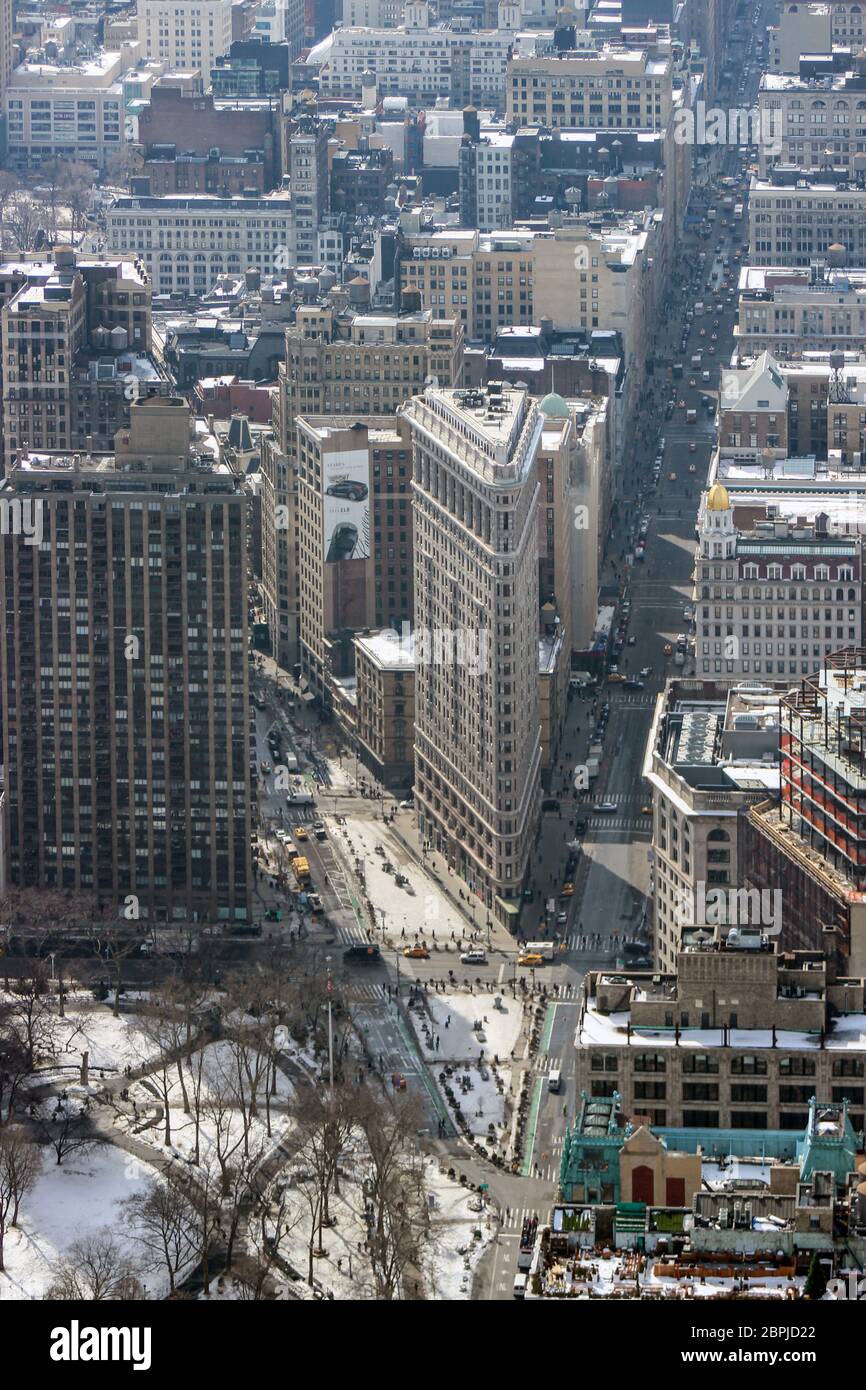 Vista aérea del distrito de Flatiron en Manhattan, Nueva York, Estados Unidos de América Foto de stock
