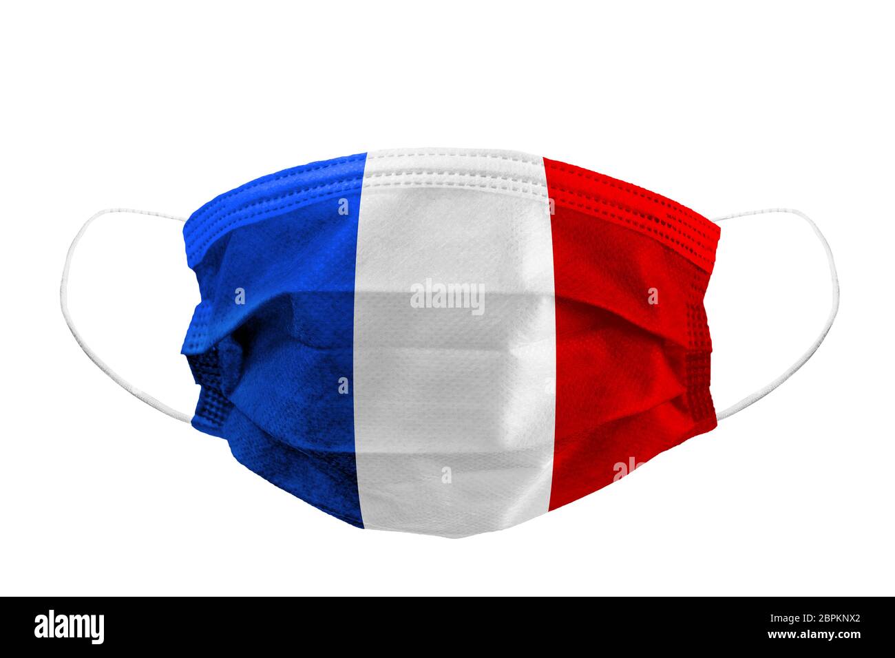 Vista frontal de la máscara quirúrgica bandera francesa aislada con correas de goma para cubrir la boca y la nariz para proteger la cara del virus Foto de stock