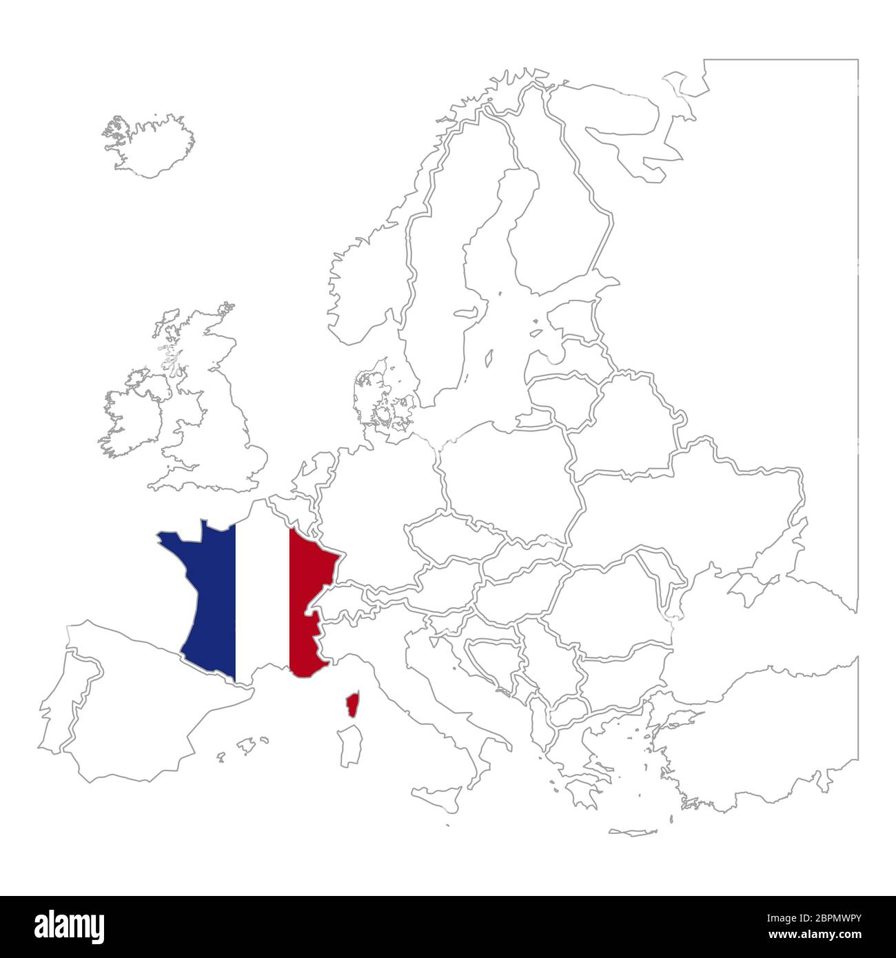 Silueta detallada de Francia con bandera nacional en el mapa de contorno de europa en blanco Ilustración del Vector