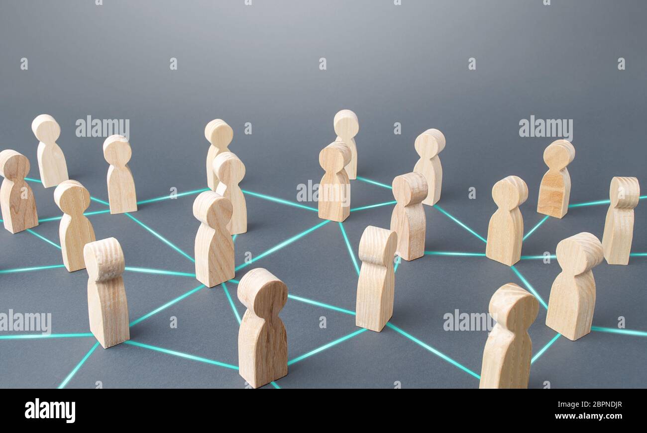 Las personas conectaron a las personas por líneas. Concepto de sociedad. Relaciones de ciencias sociales. Trabajo en equipo. Cooperación y colaboración, difusión de los rumores de noticias. Mercado Foto de stock