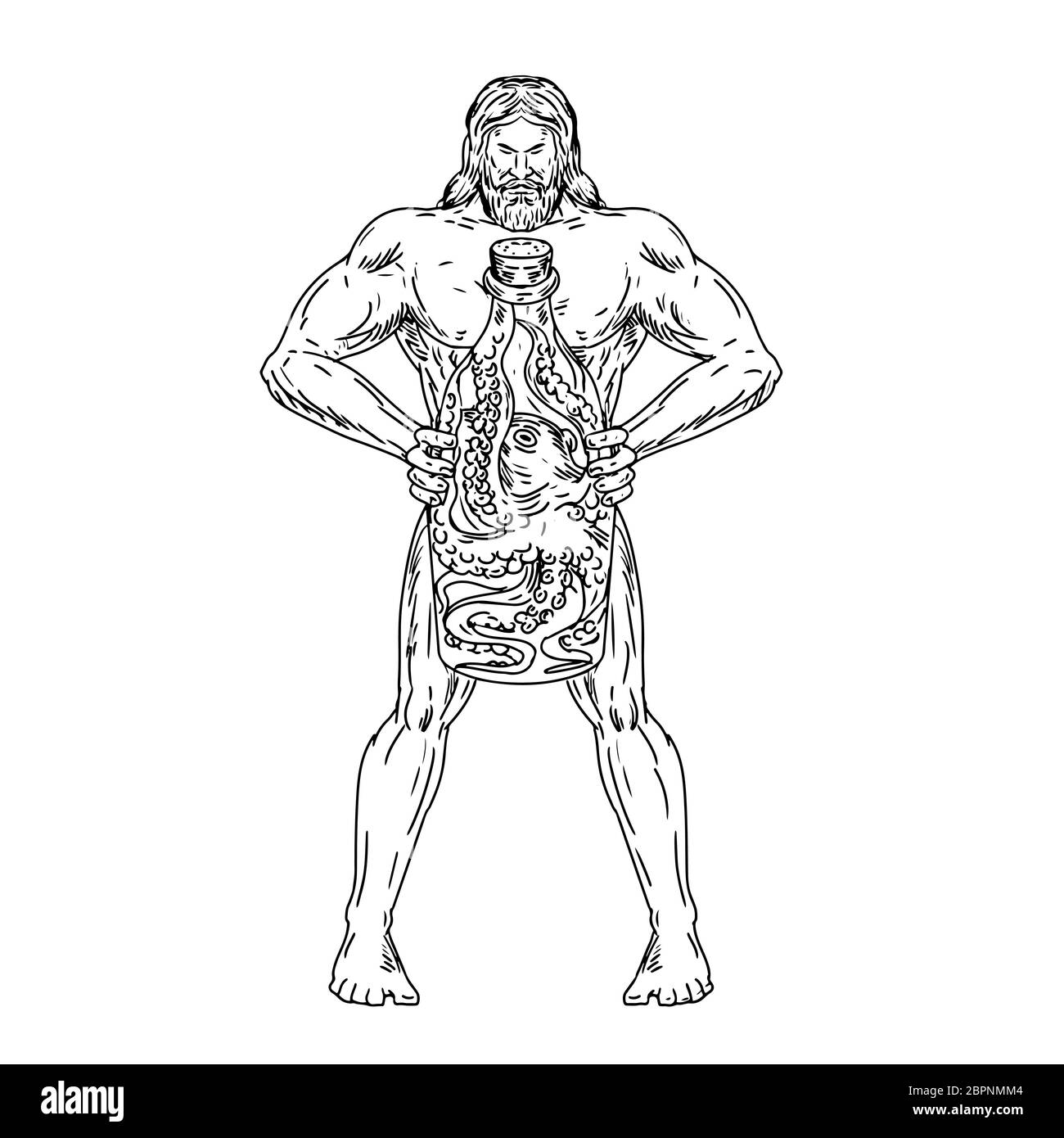 Dibujo Dibujo Ilustración estilo romano de Hercules, un héroe y dios griego equivalente al divino héroe Heracles, sosteniendo una botella con un pulpo dentro Foto de stock