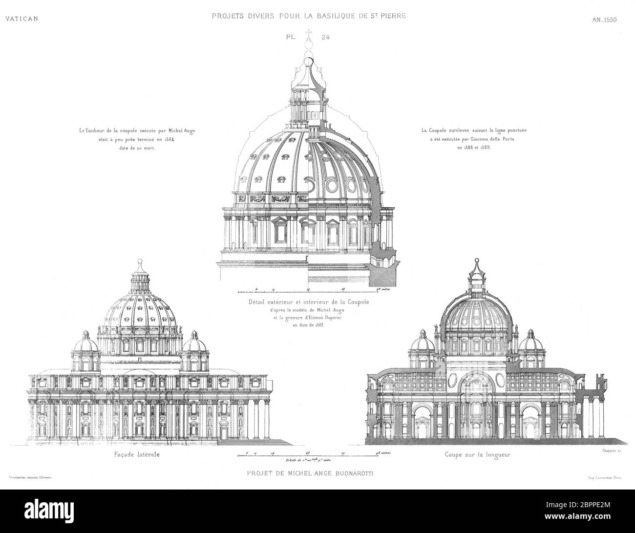 Roma, Vaticano: Proyecto de Miguel Ángel de la Basílica de San Pedro,  fachada lateral, longitud frontal, exterior e interior de la cúpula en 1550  Fotografía de stock - Alamy